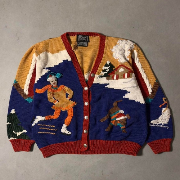 Rare Vintage Berek Hand-Knit Winter Skating Scene Cardigan sz M